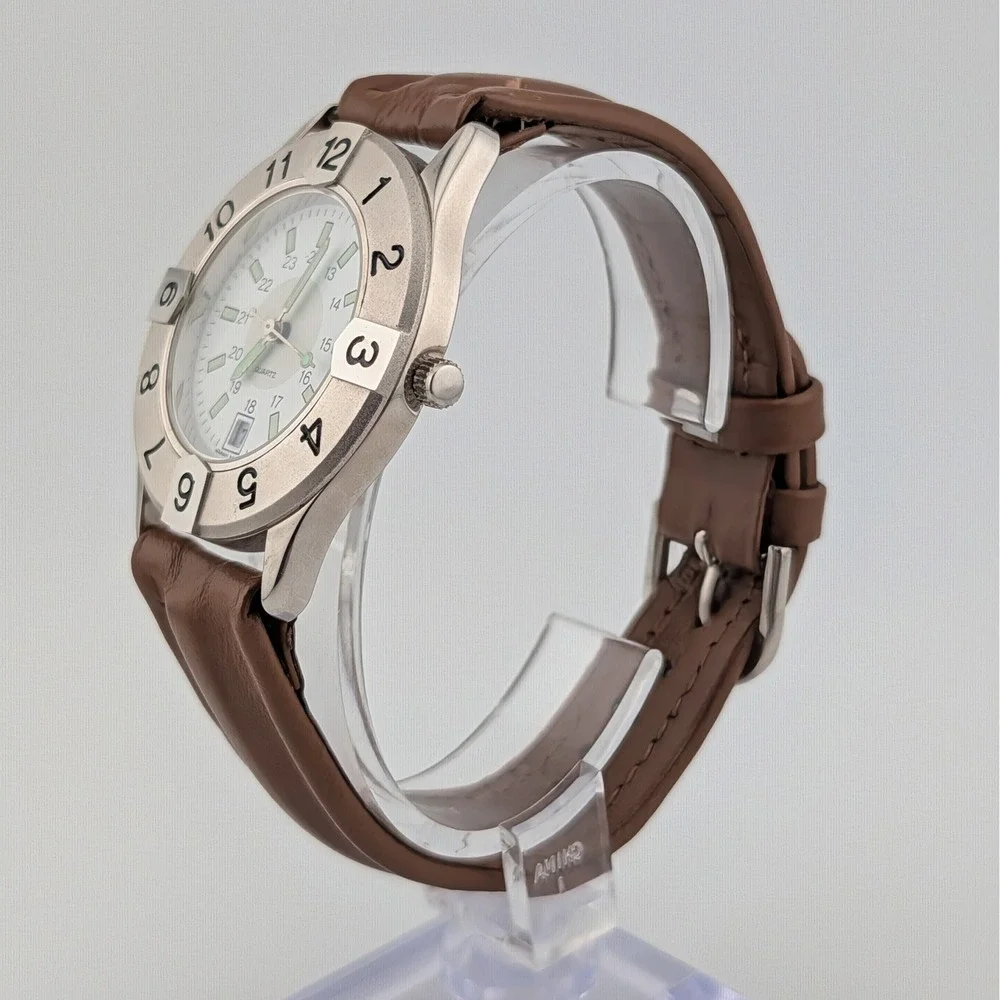 Avon Y2K Number Bezel Watch Green Markers‎ Brown Leather Strap